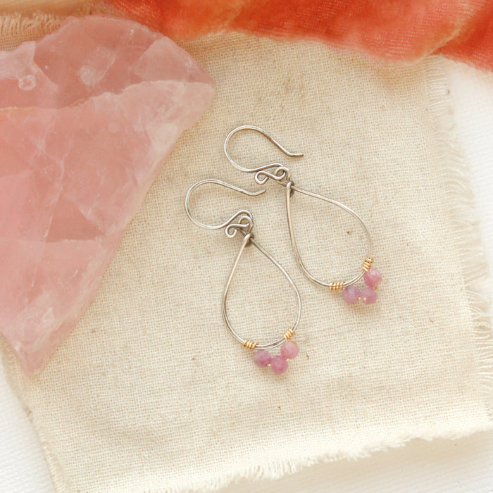 Pink Ruby Wrapped Teardrop Hoop Earrings
