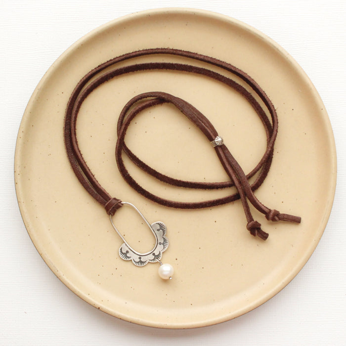 Pearl Columbine Hoop Adjustable Leather Necklace