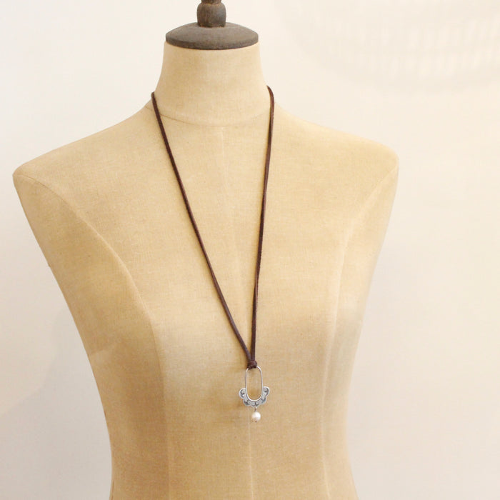 Pearl Columbine Hoop Adjustable Leather Necklace