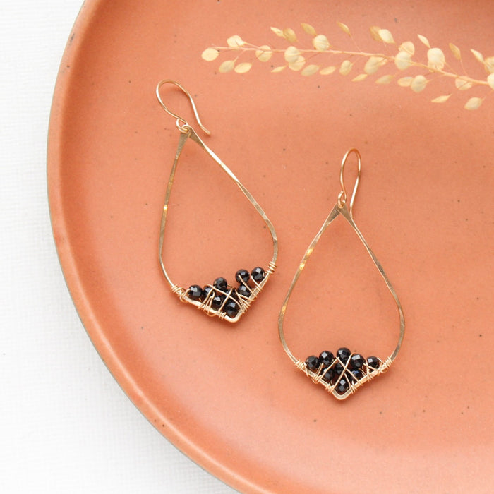 Black Spinel Cluster Pointed Gold Hoop Earrings