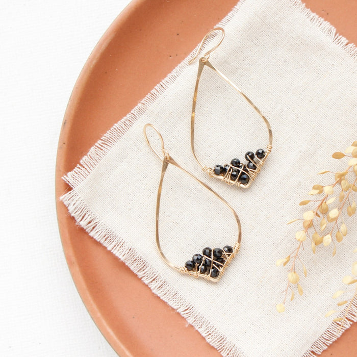 Black Spinel Cluster Pointed Gold Hoop Earrings