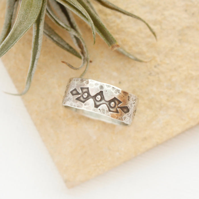 The viking stamped silver band ring styled on a tan stone with an air plant