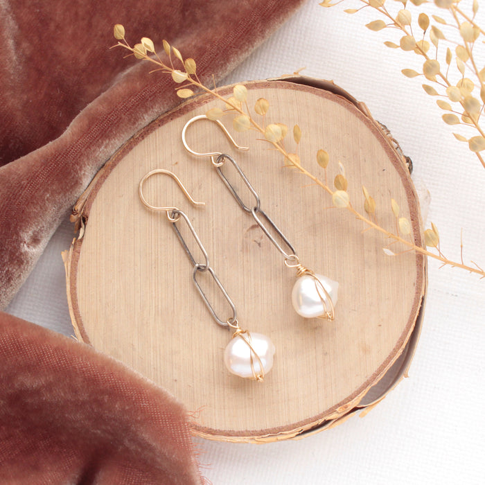 Mixed Metal Pearl & Chain Earrings