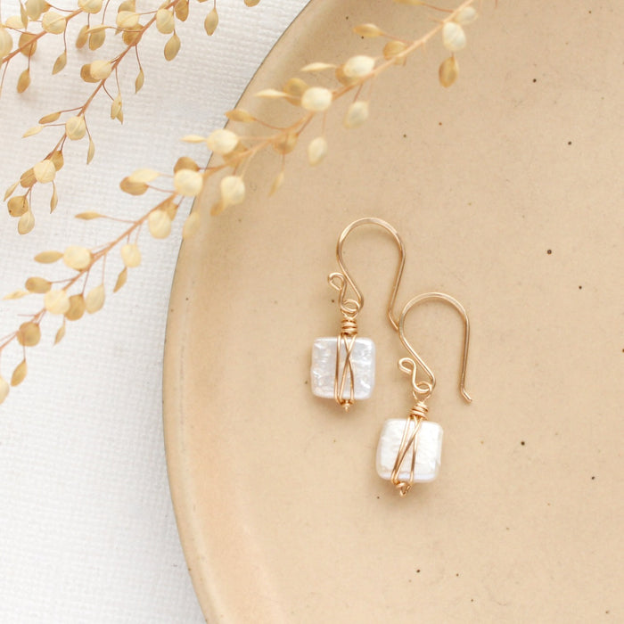 Organic Square Pearl Gold Earrings