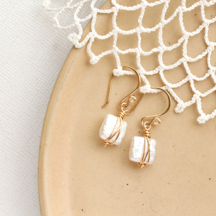Organic Square Pearl Gold Earrings