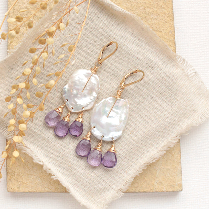 Amethyst Trio Keishi Pearl Earrings