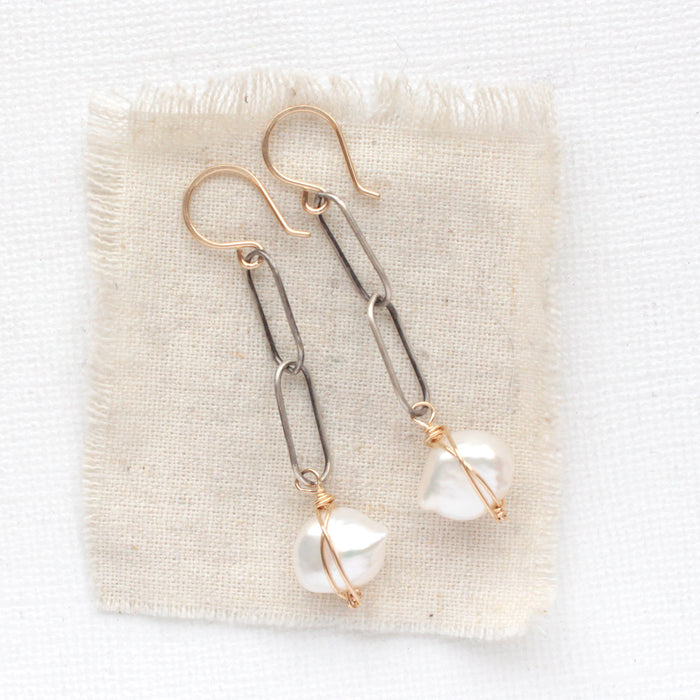 Mixed Metal Pearl & Chain Earrings