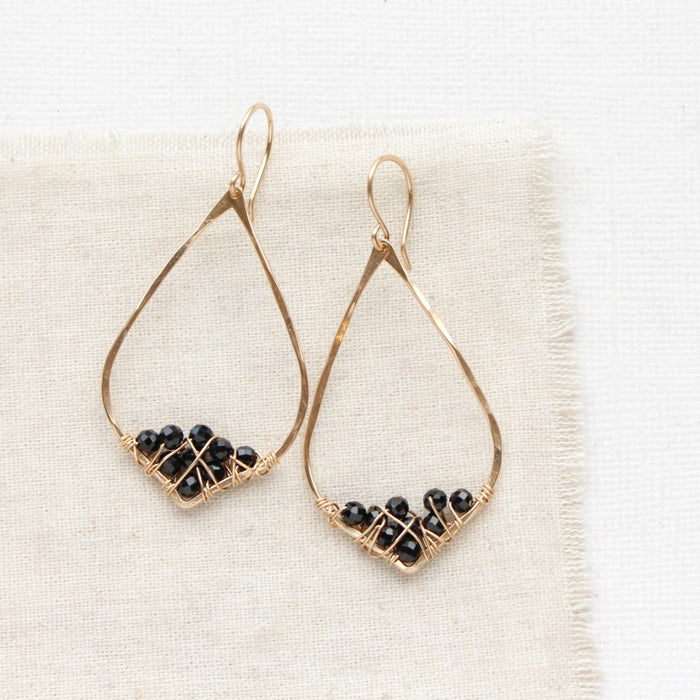Black Spinel Cluster Pointed Gold Hoop Earrings
