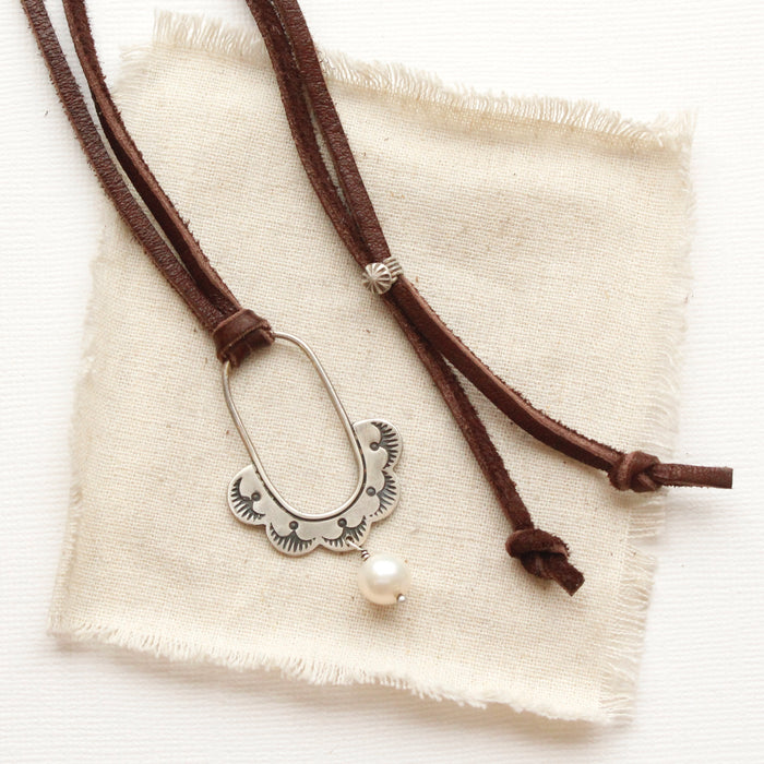 Pearl Columbine Hoop Adjustable Leather Necklace