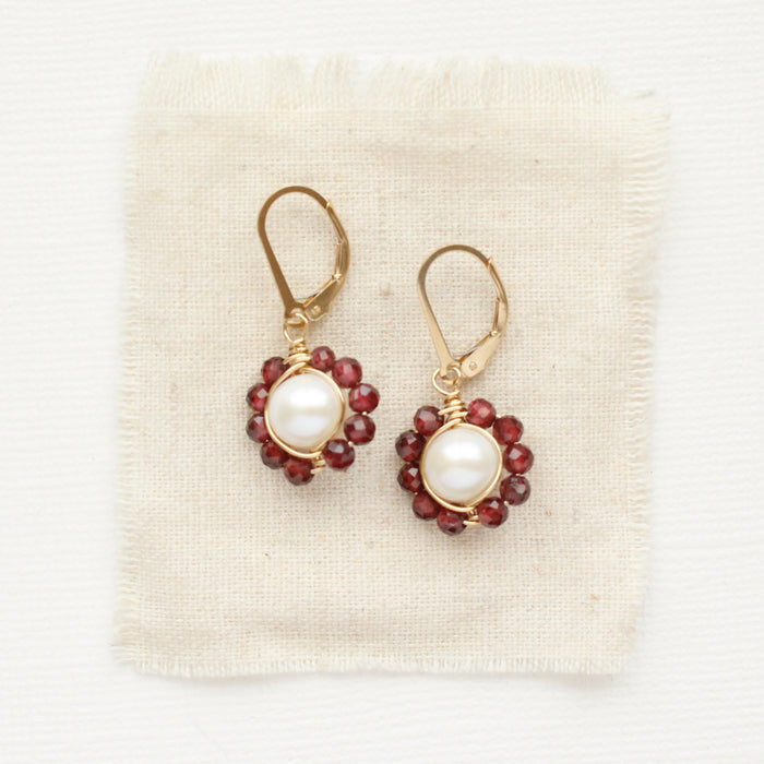 Pearl & Garnet Flower Earrings by