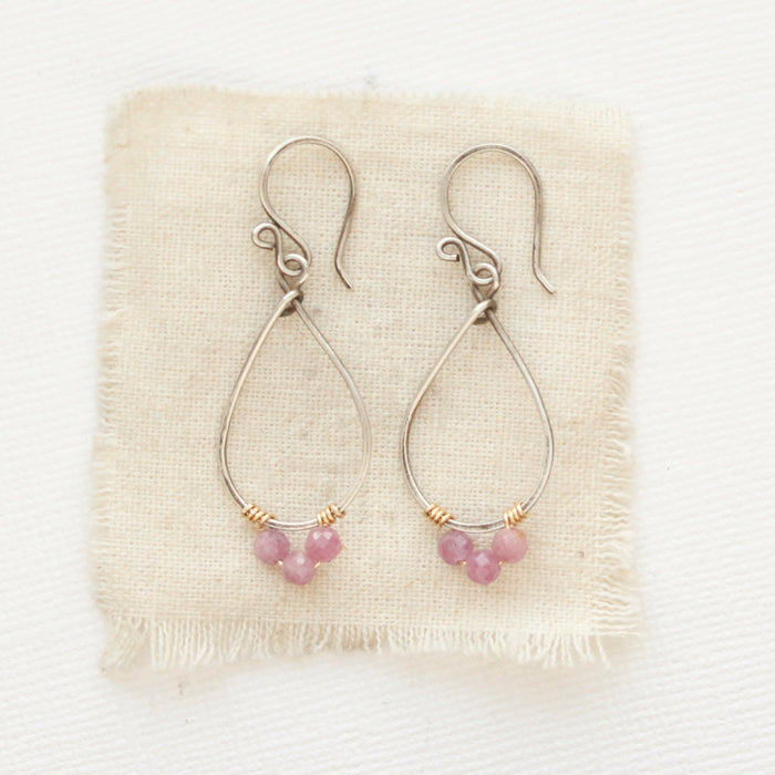 Pink Ruby Wrapped Teardrop Hoop Earrings
