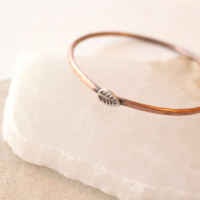 Hammered Copper Bangles with Stamped Silver Elements