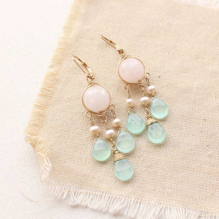 Rose Quartz, Pearl, & Chalcedony Gold Chandelier Earrings