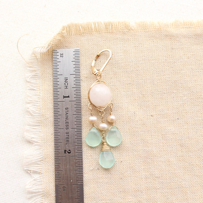 Rose Quartz, Pearl, & Chalcedony Gold Chandelier Earrings