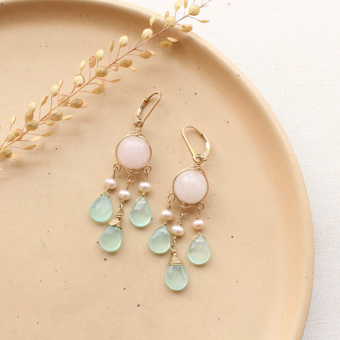 Rose Quartz, Pearl, & Chalcedony Gold Chandelier Earrings