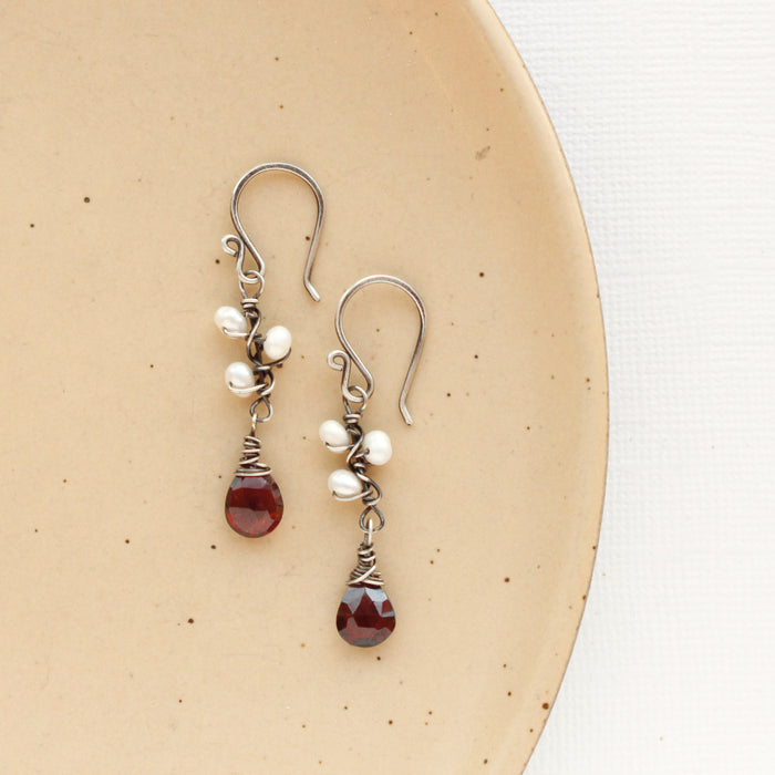 Garnet & Pearl Bud Vine Earrings