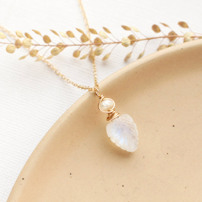 Pearl & Moonstone Leaf Gold Necklace