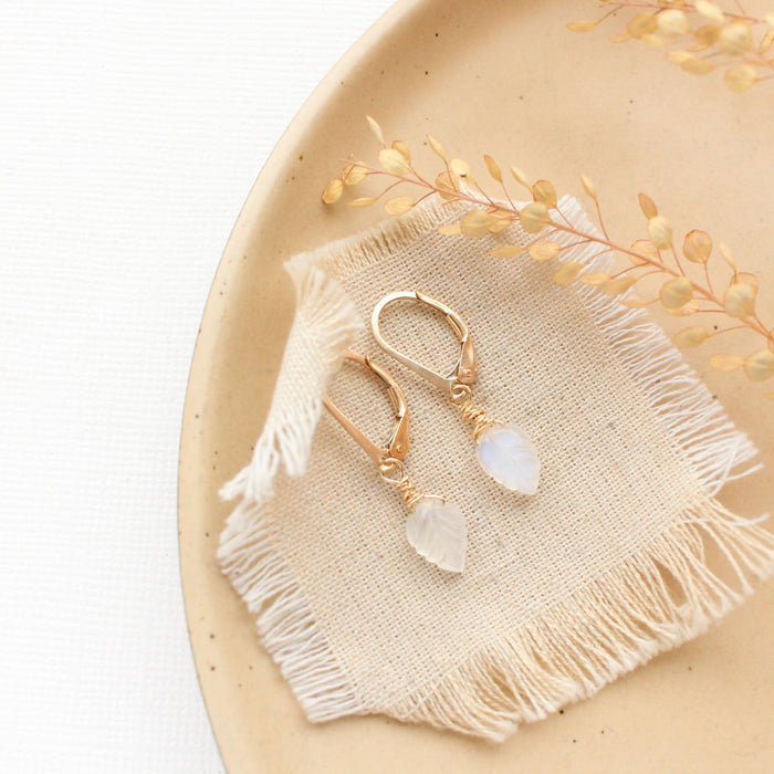 Moonstone Leaf Gold Earrings