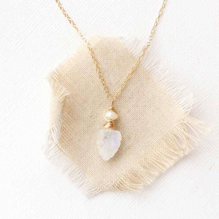 Pearl & Moonstone Leaf Gold Necklace