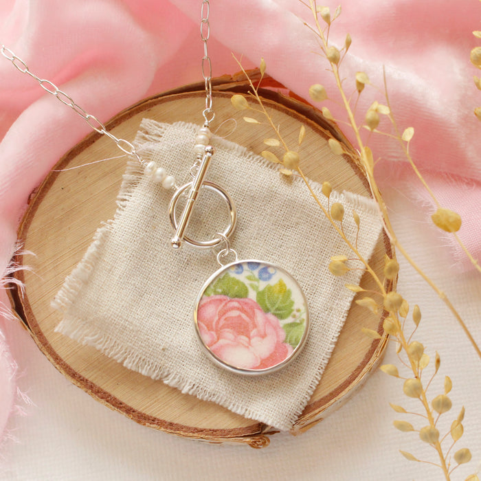 Pink Rose & Pearl Toggle Necklace