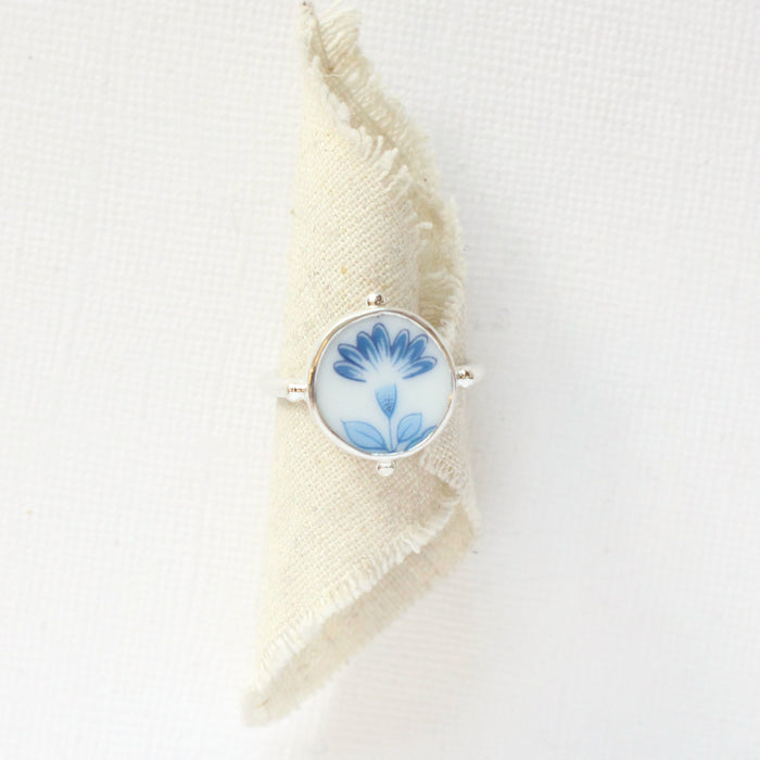 Found Vintage Plate Blue Flower Ring