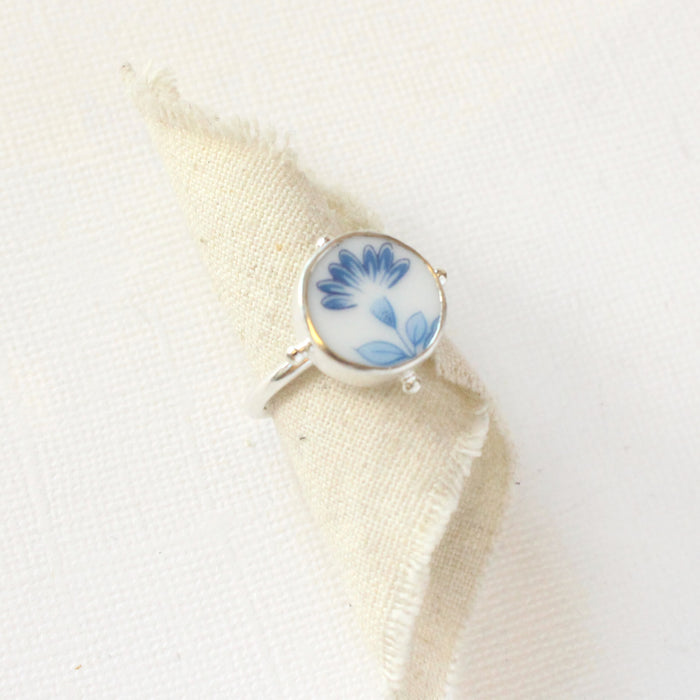 Found Vintage Plate Blue Flower Ring