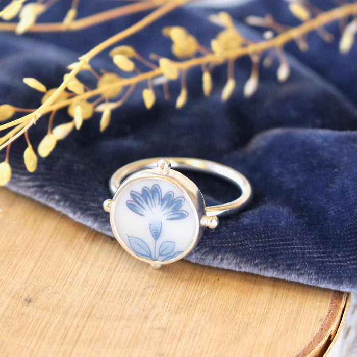 Found Vintage Plate Blue Flower Ring
