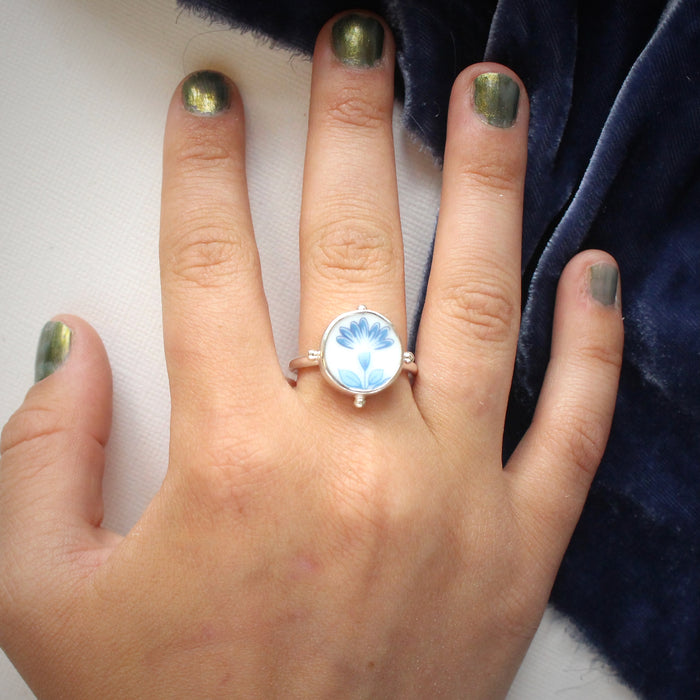 Found Vintage Plate Blue Flower Ring