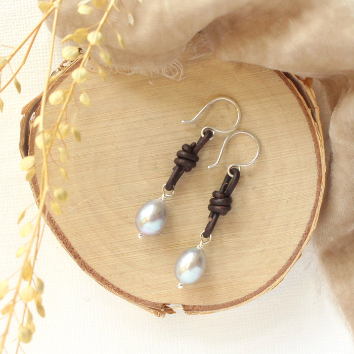 Gray Pearl Leather Earrings