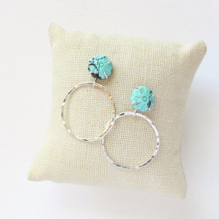 Turquoise Flower Hoop Post Earrings