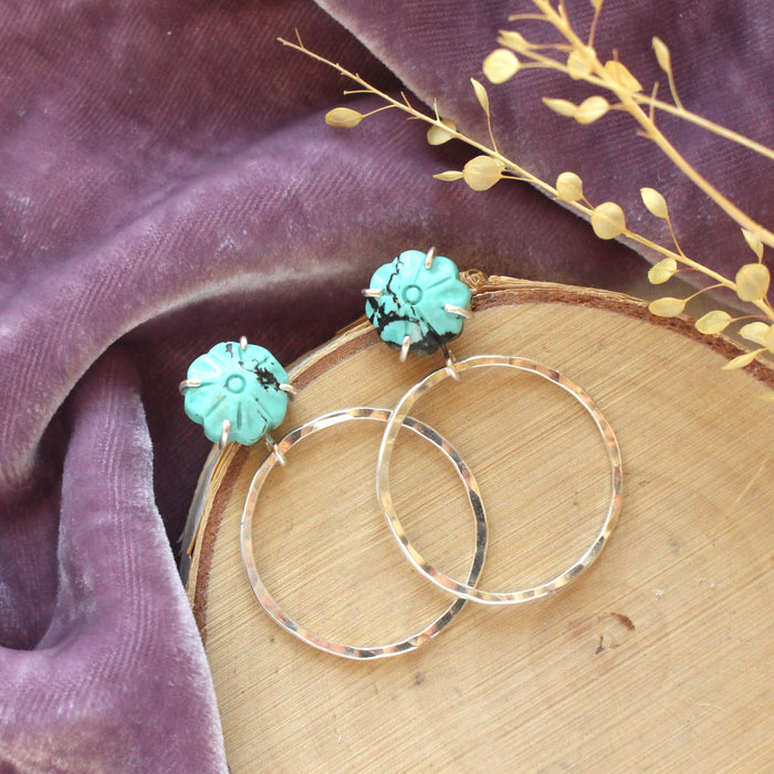 Turquoise Flower Hoop Post Earrings