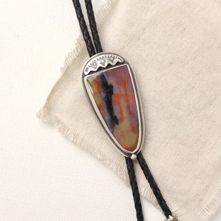 Petrified wood stone with a stamped silver element on black leather 