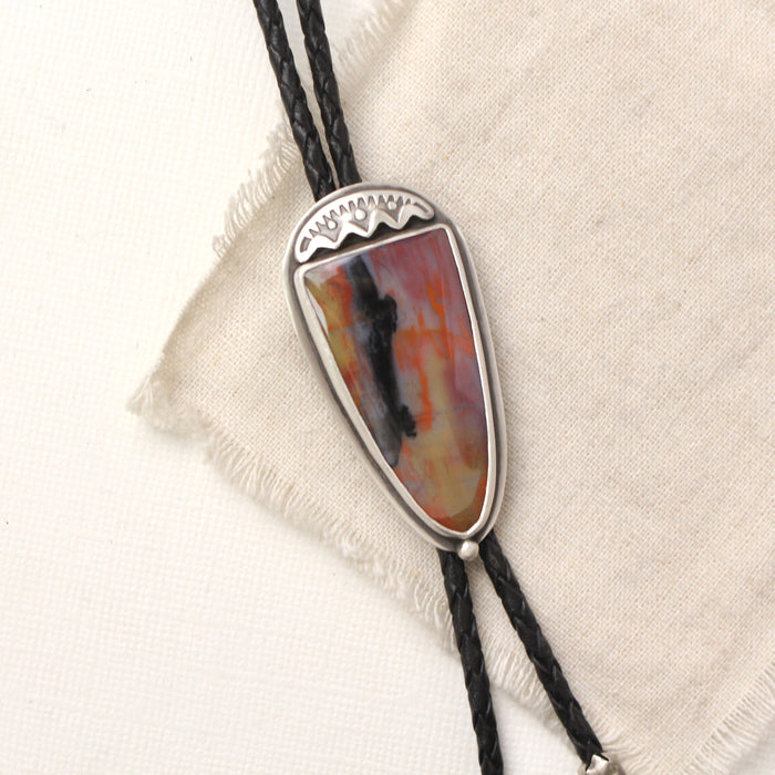 Petrified wood stone with a stamped silver element on black leather 