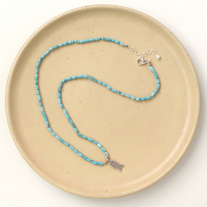 Silver Fish and Kingman Turquoise Necklace