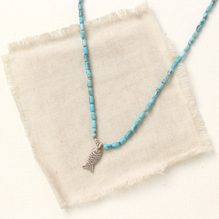 Silver Fish and Kingman Turquoise Necklace