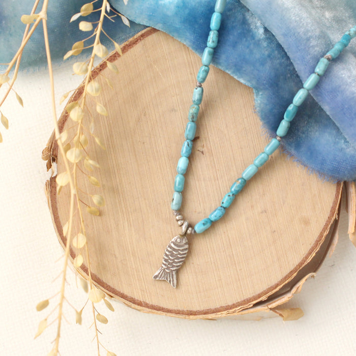 Silver Fish and Kingman Turquoise Necklace