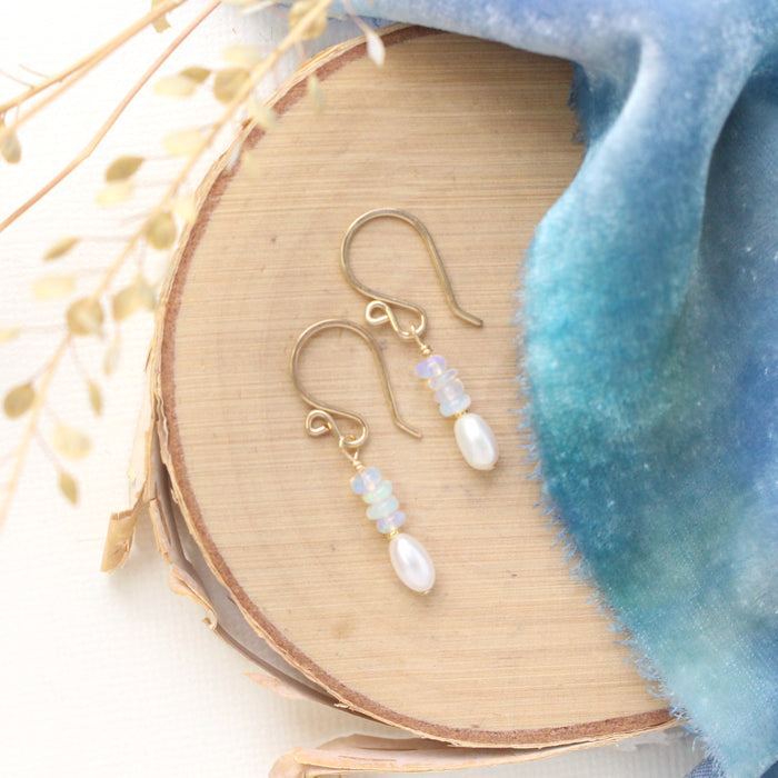 Ethiopian Opal and Pearl Dangle Earrings