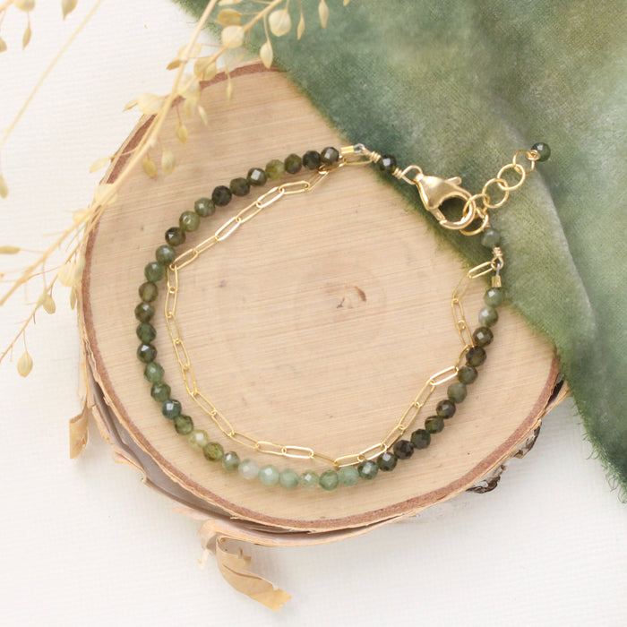 Green Tourmaline & Gold Chain Double Strand Bracelet