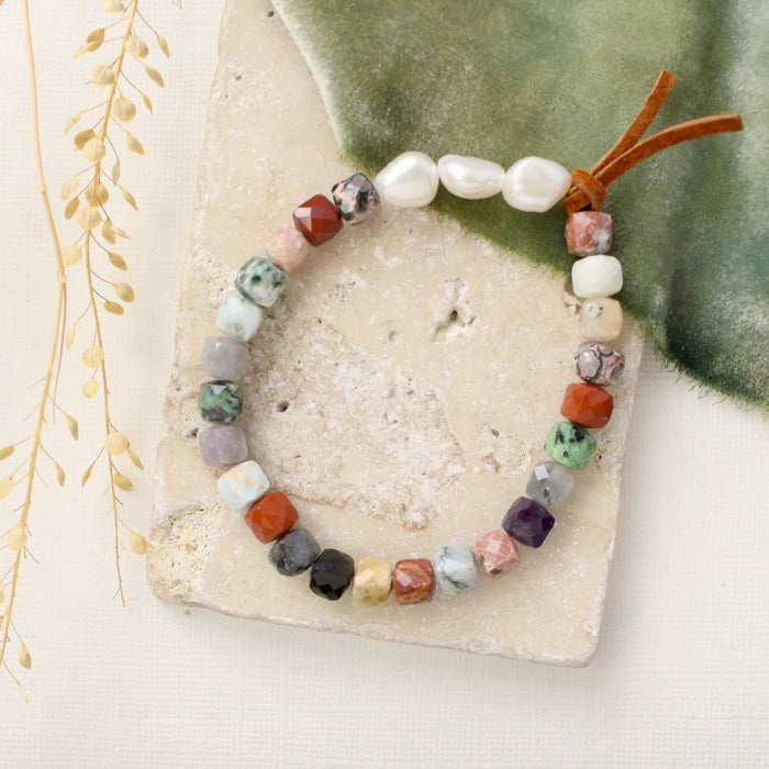 Mixed Gem Cube and Pearl Stretch Bracelet