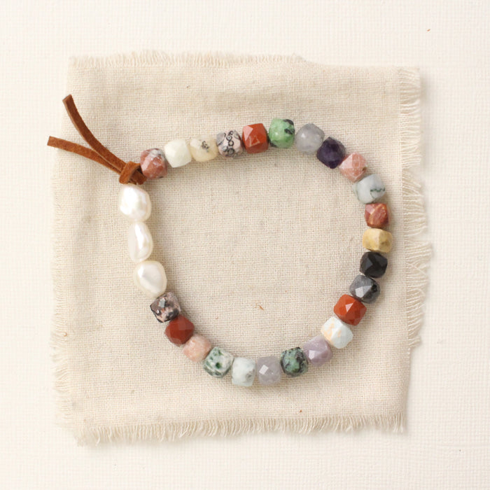Mixed Gem Cube and Pearl Stretch Bracelet