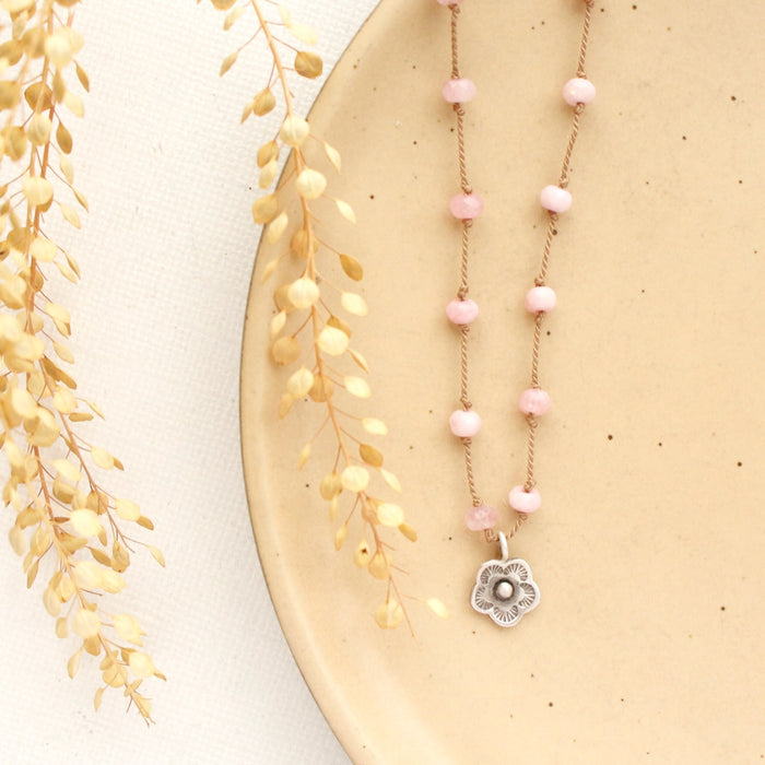 Knotted Pink Quartz & Mini Cactus Flower Necklace