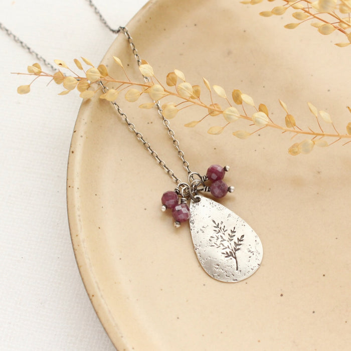 Sprout Teardrop & Purple Ruby Cluster Necklace