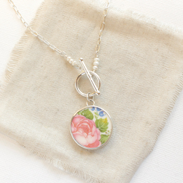 Pink Rose & Pearl Toggle Necklace