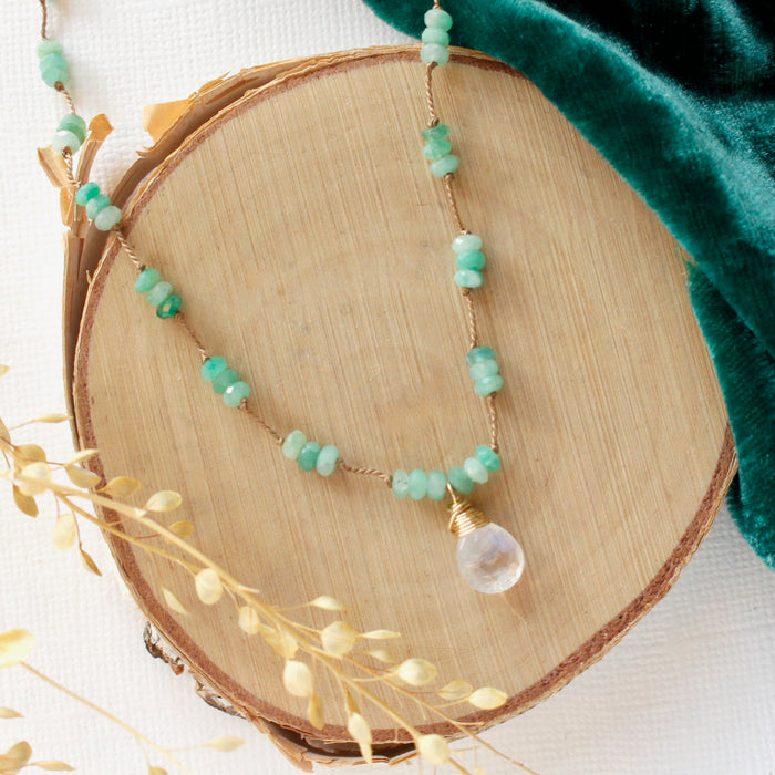 Knotted Dainty Emerald & Moonstone Necklace