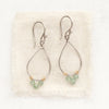 The green apatite wrapped teardrop hoop earrings styled on tan linen