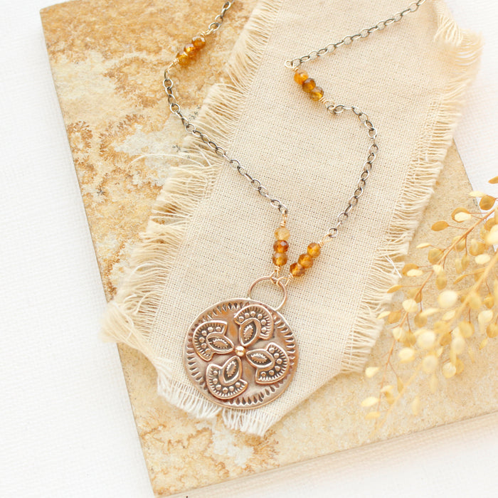 Bronze Wanderer Medallion Citrine Long Necklace