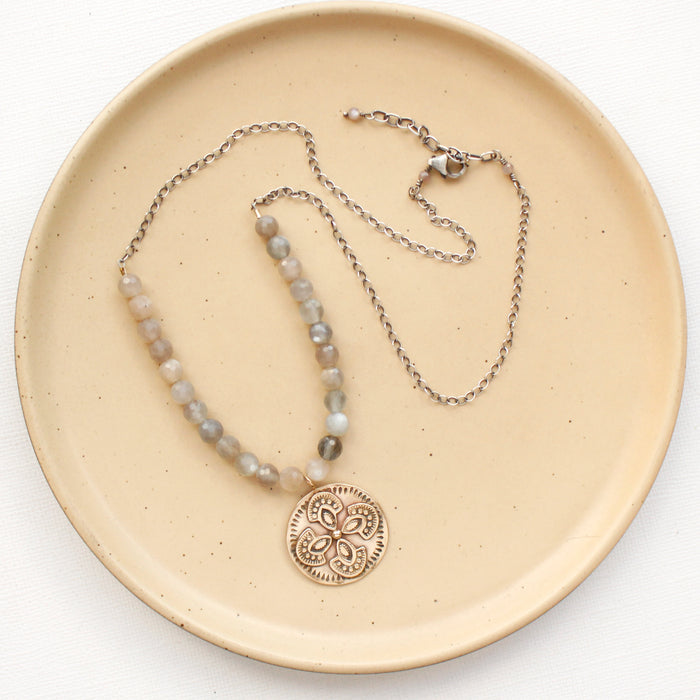 Bronze Wanderer Medallion Gray Moonstone Necklace