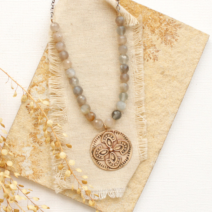 Bronze Wanderer Medallion Gray Moonstone Necklace