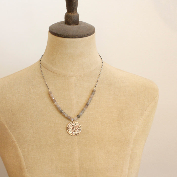 Bronze Wanderer Medallion Gray Moonstone Necklace