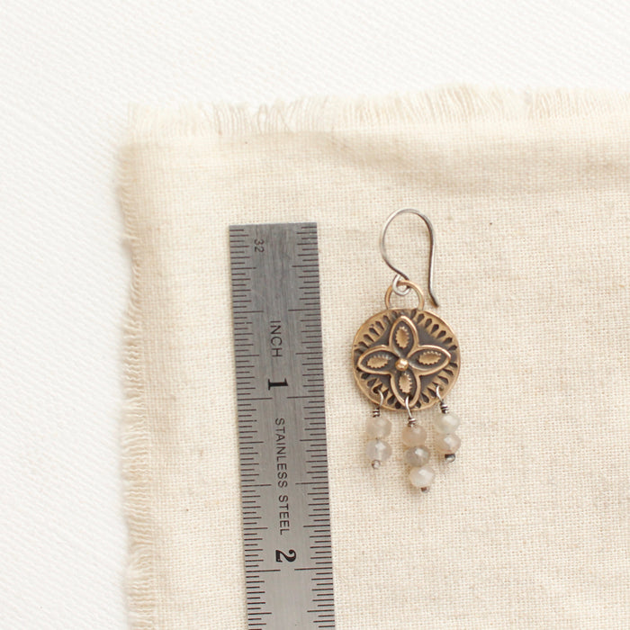 Bronze Wanderer Coin Gray Moonstone Earrings